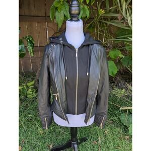 NWT Guess Women's S Jet Black Faux Leather Nelly Knit Hooded Jacket Motorcycle